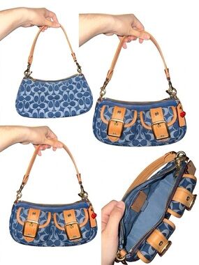 Coach Blue Signature Denim Mini Shoulder Bag with Tan Leather Accents